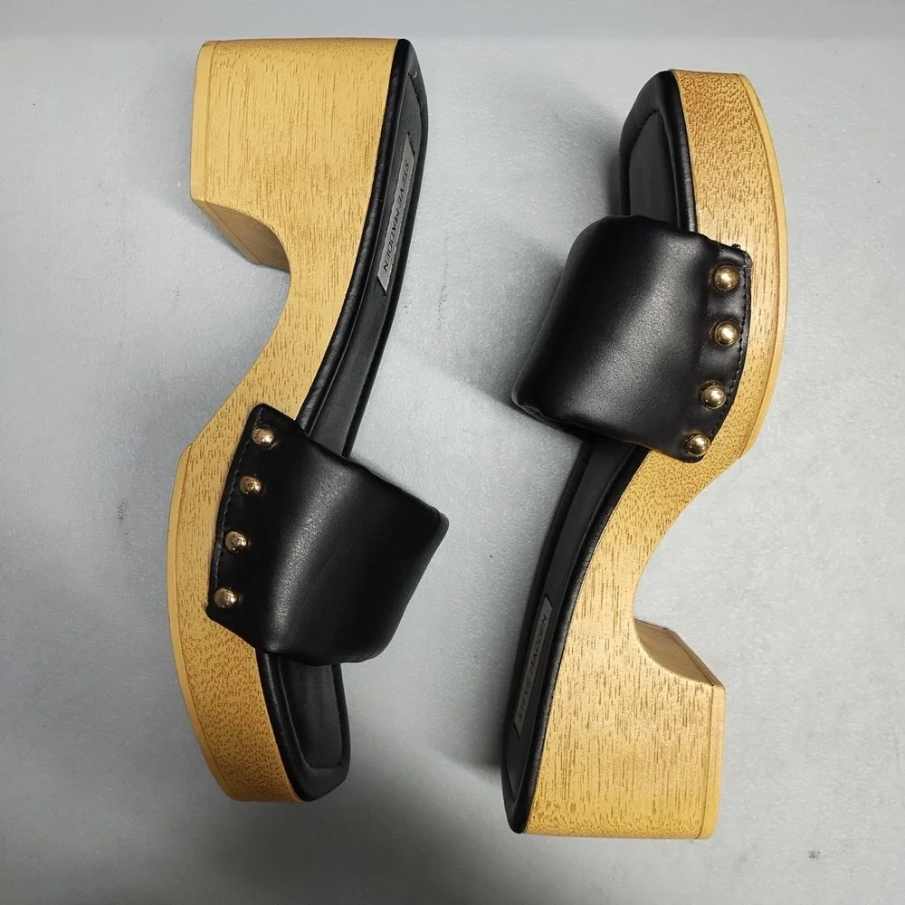 Steve Madden Chana Woody Platform Slide Sandals Womens US 9 Black Brown Open Toe